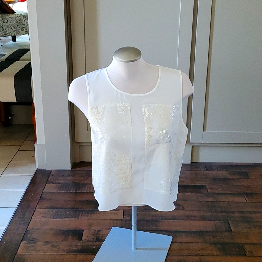 State Cream sequined dressy tank. Size medium.